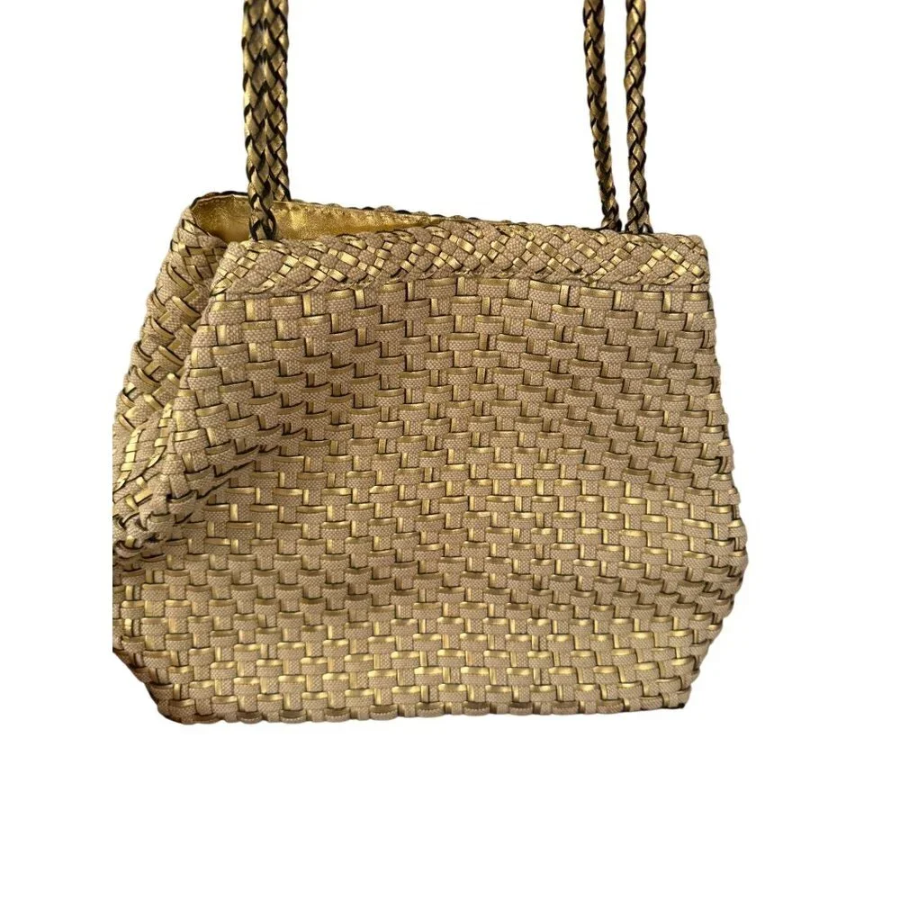 L.J.S. Collection Womens Tote Bag Gold Beige All-Over Woven Pattern Vintage